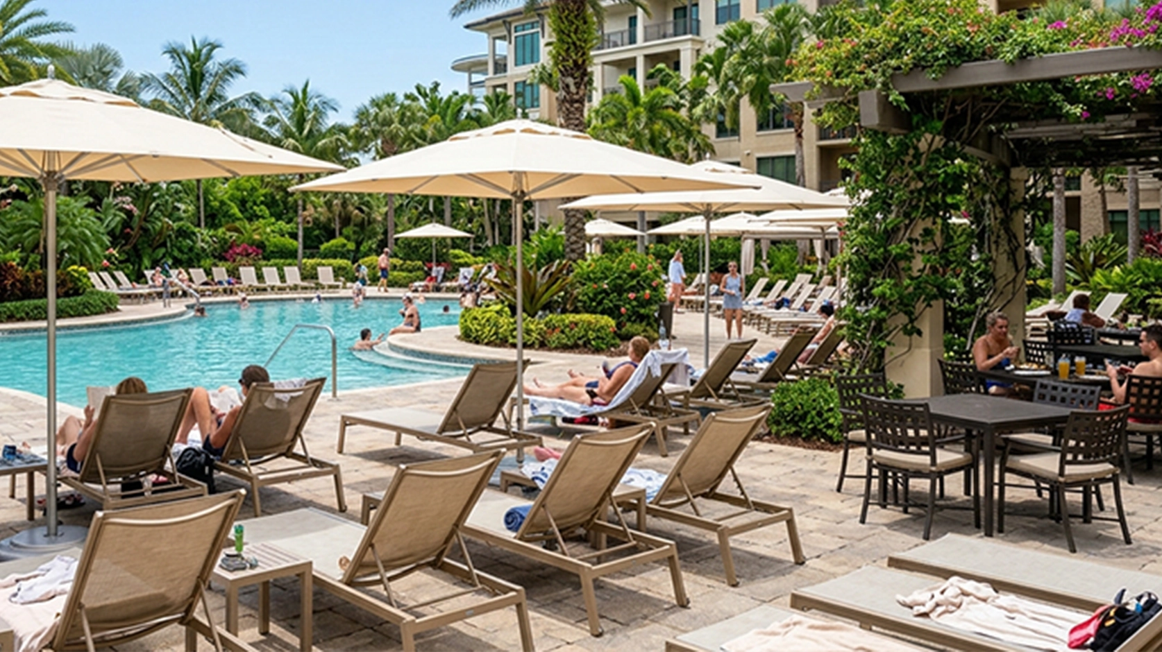 Commercial pool deck with dining tables, chairs and clear circulation paths